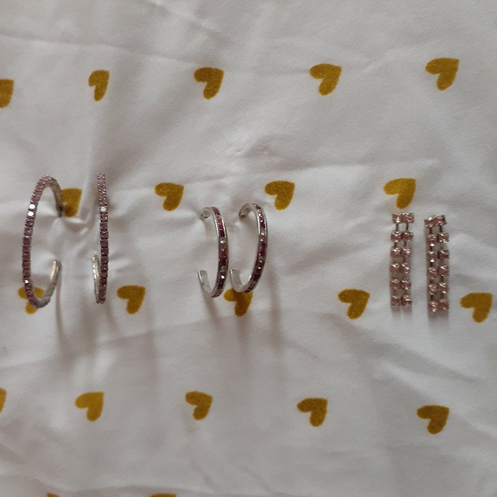 Silver and Pink Rhinestone Earrings Set of 3